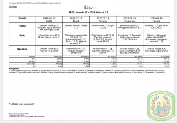 Étlap - óvoda, bölcsőde Étlap - óvoda, bölcsőde