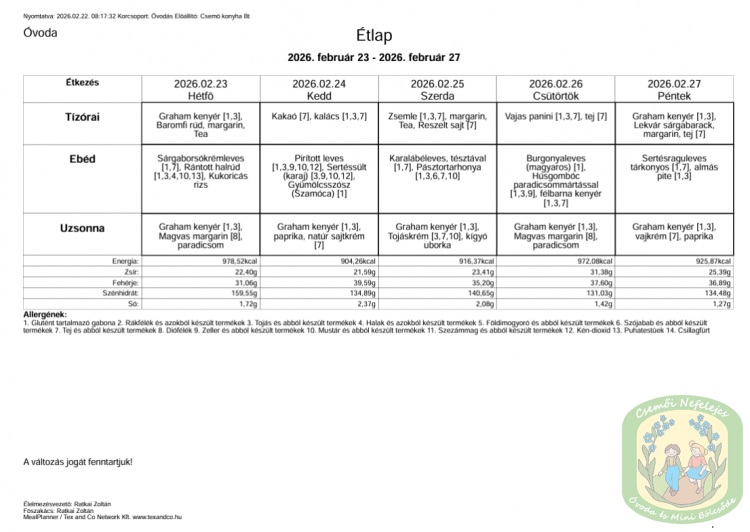 Étlap - óvoda, bölcsőde Étlap - óvoda, bölcsőde