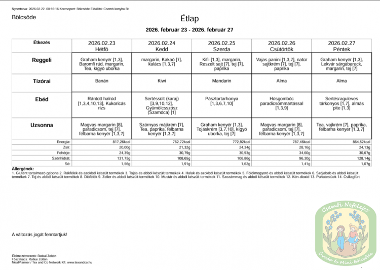 Étlap - óvoda, bölcsőde Étlap - óvoda, bölcsőde
