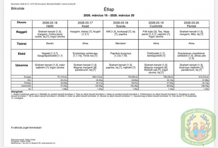 Étlap - óvoda, bölcsőde