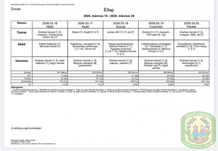 Étlap - óvoda, bölcsőde